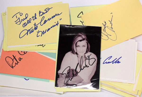 Movie star autographs: (lot of 40+) Movie star autographs, including Fred Clark, Dick Clark, Jill Clayburgh, Lee Cobb, James Coburn, Anjanette Comer, Bill Conti, Frank Converse, Elisha Cook, Wendell Corey, Howard Cosell, Ja