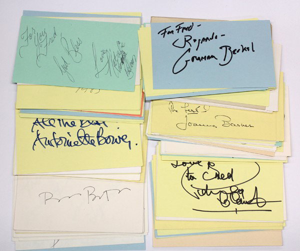 Movie star autographs: (lot of 40+) Movie personality autographs, including, Kitty Carlisle, William Conrad, Frank Capra, Art Carney, etc., largest card: 3.5'' x 5.5''