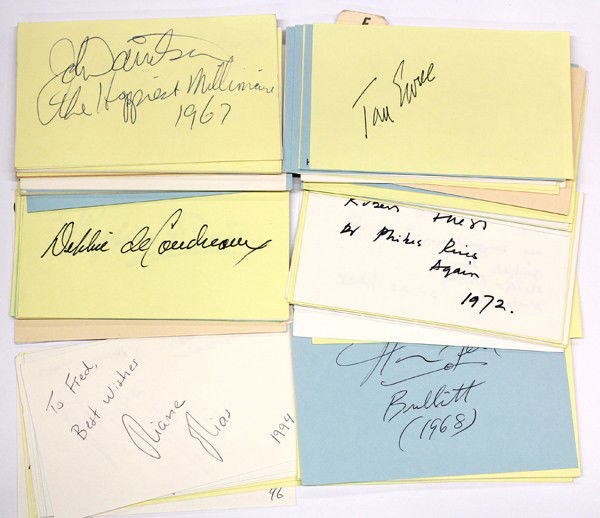 Movie star autographs: (lot of 40+) Movie personality autographs, including, John Fielder, Norman Fell, Eddie Fisher, Phyllis Davis, Robert Duvall, etc., largest card: 3.5'' x 5.5''