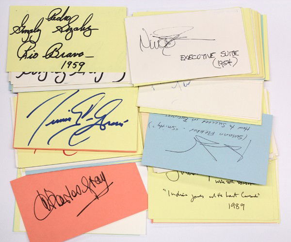 Movie star autographs: (lot of 40+) Movie personality autographs, including, Charles Gray, Andy Griffith, allen Fitzpatrick, Nina Foch, etc., largest card: 3.5'' x 5.5''