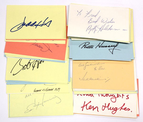 Movie star autographs: (lot of 40+) Movie personality autographs, including, Ed Harris, Tom Holland, Bob Hoskins, Frogman Henry, Howard Honig, Barrie Humphries (Dame Edna), Ruth Hussey, Ken Howard, etc., largest card: 3.5''
