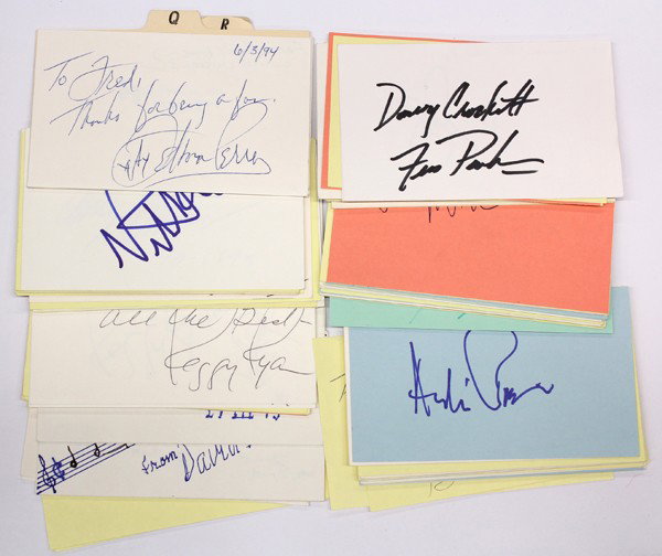 Movie star autographs: (lot of 40+) Movie personality and composers autographs, including James Stewart, Tony Randall, David Raskin, Penny Ryan, Robert Ryan, Don Rickles, Betsey Palmer, Ted Post, largest card: 3.5'' x 5.5''