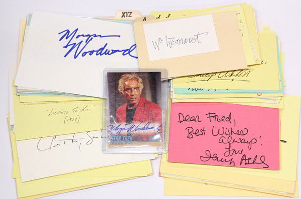 Movie star autographs: (lot of 40+) Movie star autographs, including Ken Annakin, George Abbott, George Axelrod, Desi Arnaz, Jane Asher, Philip Abbott, Jim Ailingeer, Lewis Allen, Judith Anderson, Jane Adams, Hy Averback, H