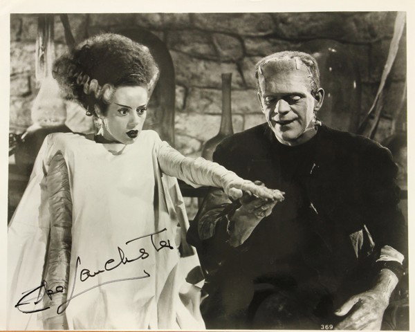 Autographs, film stills and publicity: (Lot of 15) Unframed Hollywood film stills, playbills, postcards, stamps, and publicity photographs, some autographed, featuring Boris Karloff and also including Elsa Lancaster, and Mae Clarke among o