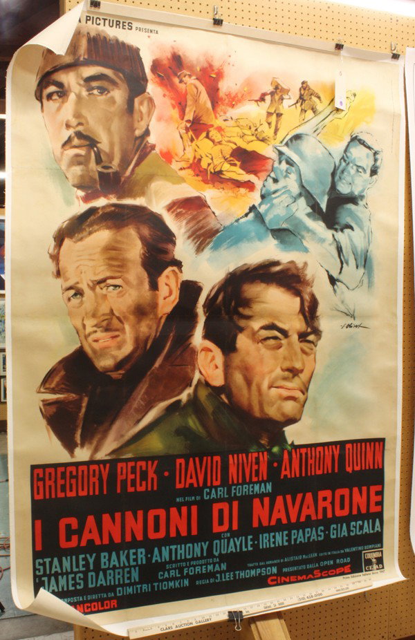 Movie poster, I Cannoni di Navarone: Unframed linen-backed movie poster, ''I Cannoni di Navarone,'' 1967, Columbia Pictures, starring Gregory Peck, David Niven, and Anthony Quinn, printed in Italy, overall: 79''h x 56''w