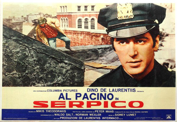 Movie posters, Serpico: (Lot of 2) Unframed linen-backed movie posters, ''Serpico,'' Columbia Pictures, starring Al Pacino, directed by Sidney Lumet, produced by Dino de Laurentis, printed in Italy, largest overall: 18.5''h 