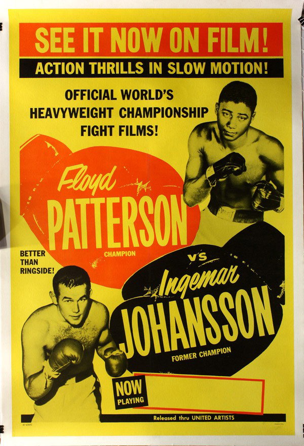 Boxing poster, Floyd Patterson: Unframed linen-backed boxing poster, ''Floyd Patterson vs Ingemar Johansson,'' United Artists, numbered 61-6302 lower left, printed in U.S.A., overall: 43''h x 29''w