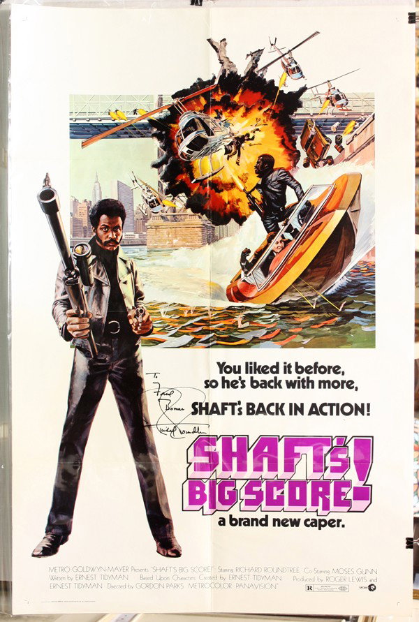 Autographed Movie Posters, Blaxploitation: (lot of 4) Unframed autographed movie posters including: ''Shaft'' and ''Shaft's Big Score'' each signed by Richard Roundtree; ''Cotton Comes to Harlem'' signed by Ossie Davis; ''Venus in Furs'' signe
