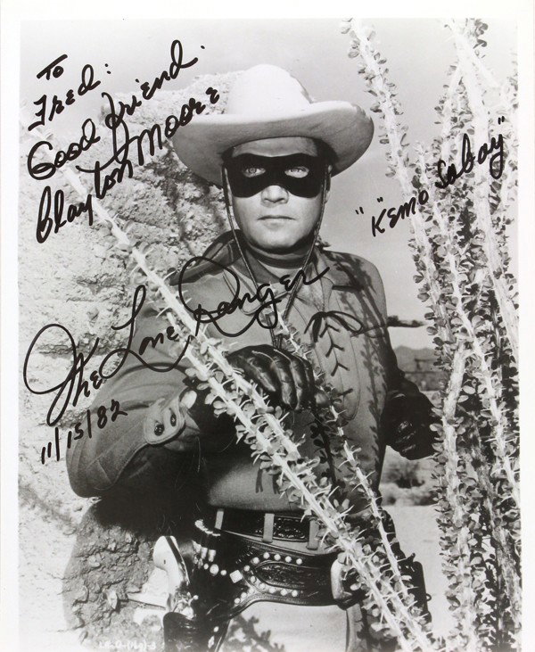 Autographed movie star photographs: (lot of 20) Associated autographed movie star photographs, including Jack Lord, Craig Stevens, Clayton Moore, Diana Riggs, etc. Each photograph measures 10'' x 8''