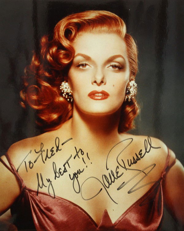 Autographed movie star photographs: (lot of 20) Associated autographed movie star photographs, including Jane Russel, Clive Revel, Helen Reddy, Harold Russel, Mickey Rooney, etc., worth inspection, each photograph measures 10'' x 8''