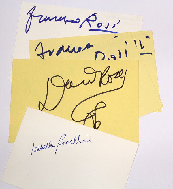 Movie star autographs: (lot of 40+) Movie star autographs, including Francesco Rosi, Isabella Rossellini, Gene Roth, Dan Rowan, John Rubinstein, John Russell, Alfred Ryder, Susan Saint James, Jill St. John, Albert Salmi, Te