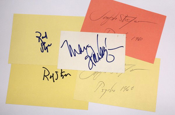 Movie star autographs: (lot of 40+) Movie star autographs, including Harry Townes, David Tomlinson, Michael Tolan, Richard Todd, Marshall Thompson, J. Lee Thompson, Terry-Thomas, Leigh Taylor Young, Norman Taurog, Karl Swen