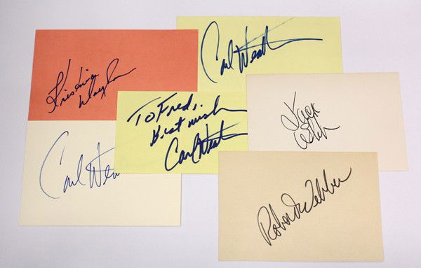 Movie star autographs: (lot of 40+) Movie star autographs, including Jack Webb, William Wellman, Senor Wences, Jack Weston, Betty White, Slappy White, Richard Widmark, Cornel Wilde, Billy Wilder, Gene Wilder, Bill Williams,