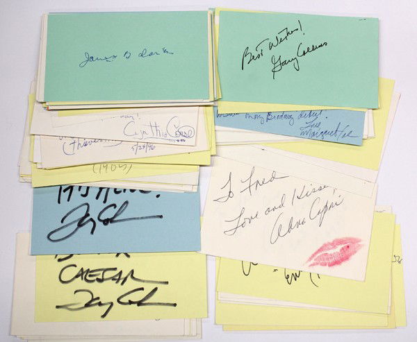 Movie star autographs: (lot of 40+) Movie personality autographs, including, Owen Crump, Wes Craven, Arthur C. Clarke, Lewis Cleale, Harrey Carrey JR., Joseph Campanella, Michael Chapman, Tom Courtenay, Jeff Corey, George C