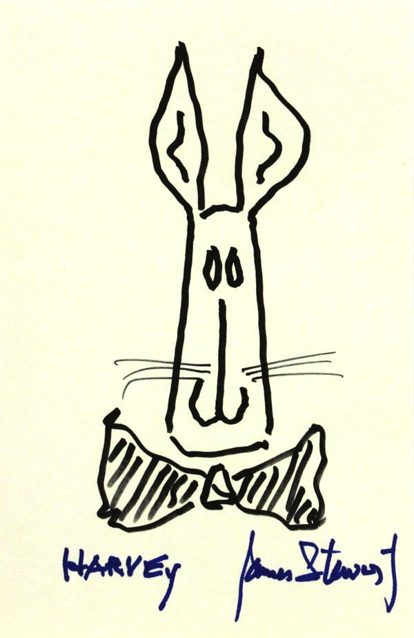 Autographed Hollywood drawings: (lot of 2) Associated autographed Hollywood movie star autographed drawings, including a James Stewart drawing of Harvey, together with a profile drawing of Vincent Price, largest: 10'' x 8''