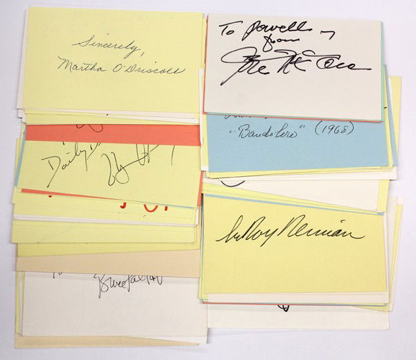 Movie star autographs: (lot of 40+) Movie personality autographs, including, John Neville, David Newman, Hal Needham, Marie Osmond, Sarah Jessica Parker, etc., largest card: 3.5'' x 5.5''