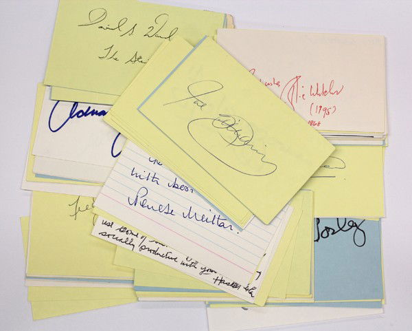 Movie star autographs: (lot of 40+) Movie personality autographs, including David Ward, Peter Yates, Vilmos Zsigmond, Leigh Zimmerman, Henry Youngman, Vera Zorina, Joseph Zito, Freddie Young, Jane Wyatt, Billie Whitelaw, Ju