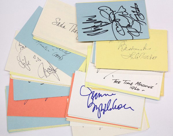 Movie star autographs: (lot of 40+) Movie personality autographs, including Martin Sheen, Regis Toomey, Lyle Talbot, Alex Thomson, Ralph Thomas, Sada Thompson, Toots Thielemans, Audrey Totter, Don Taylor, Yursula Thiess, Je