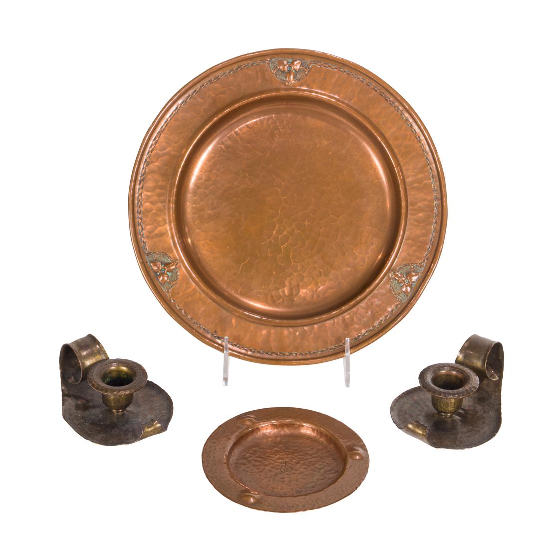 Roycroft, Plate, Dish and Chambersticks, Lot of Four (1 of 3)