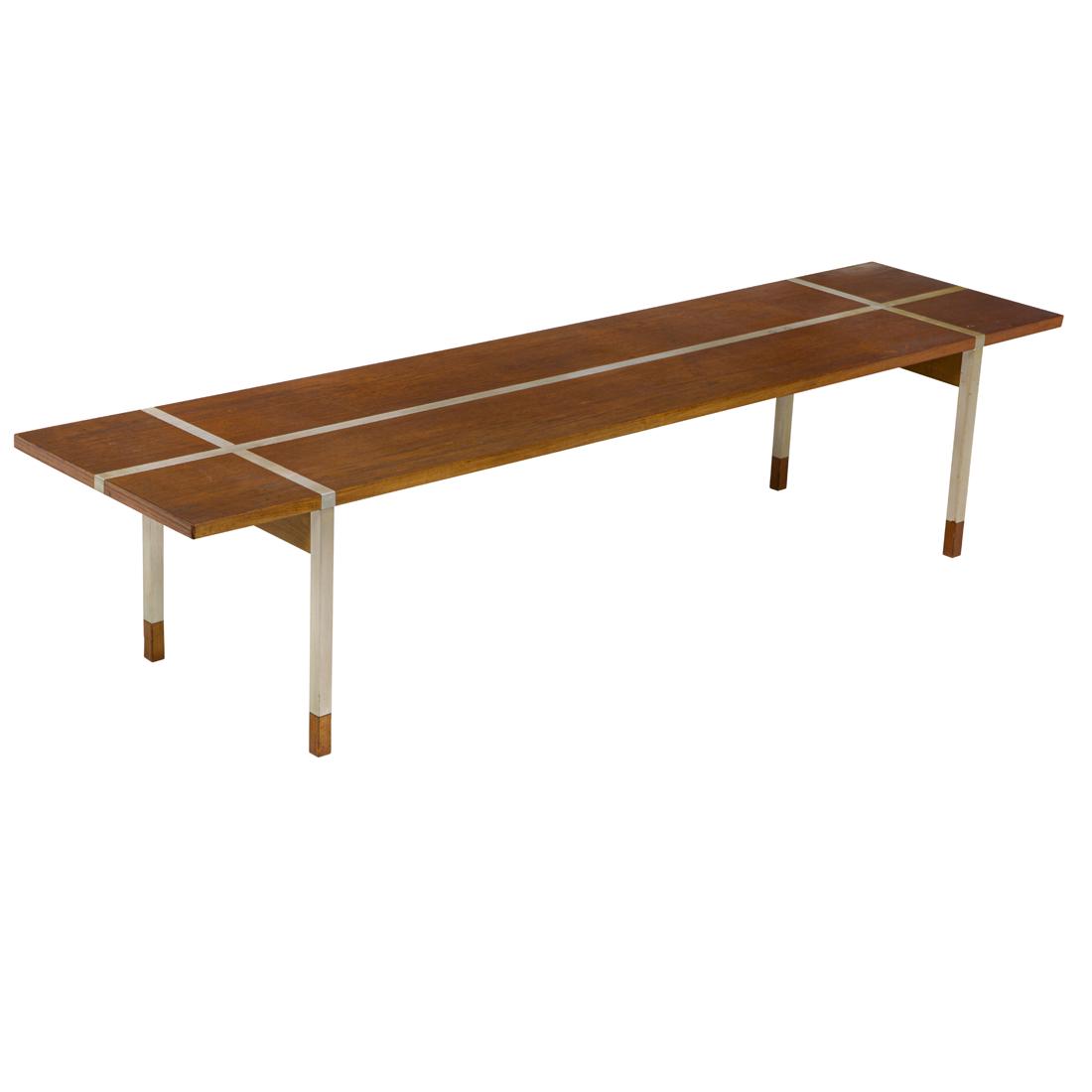 Selig, Coffee Table: Selig, Coffee TableDenmark, 1950s/1960s, teak, aluminum, 14.5"h x 66"w x 16"d