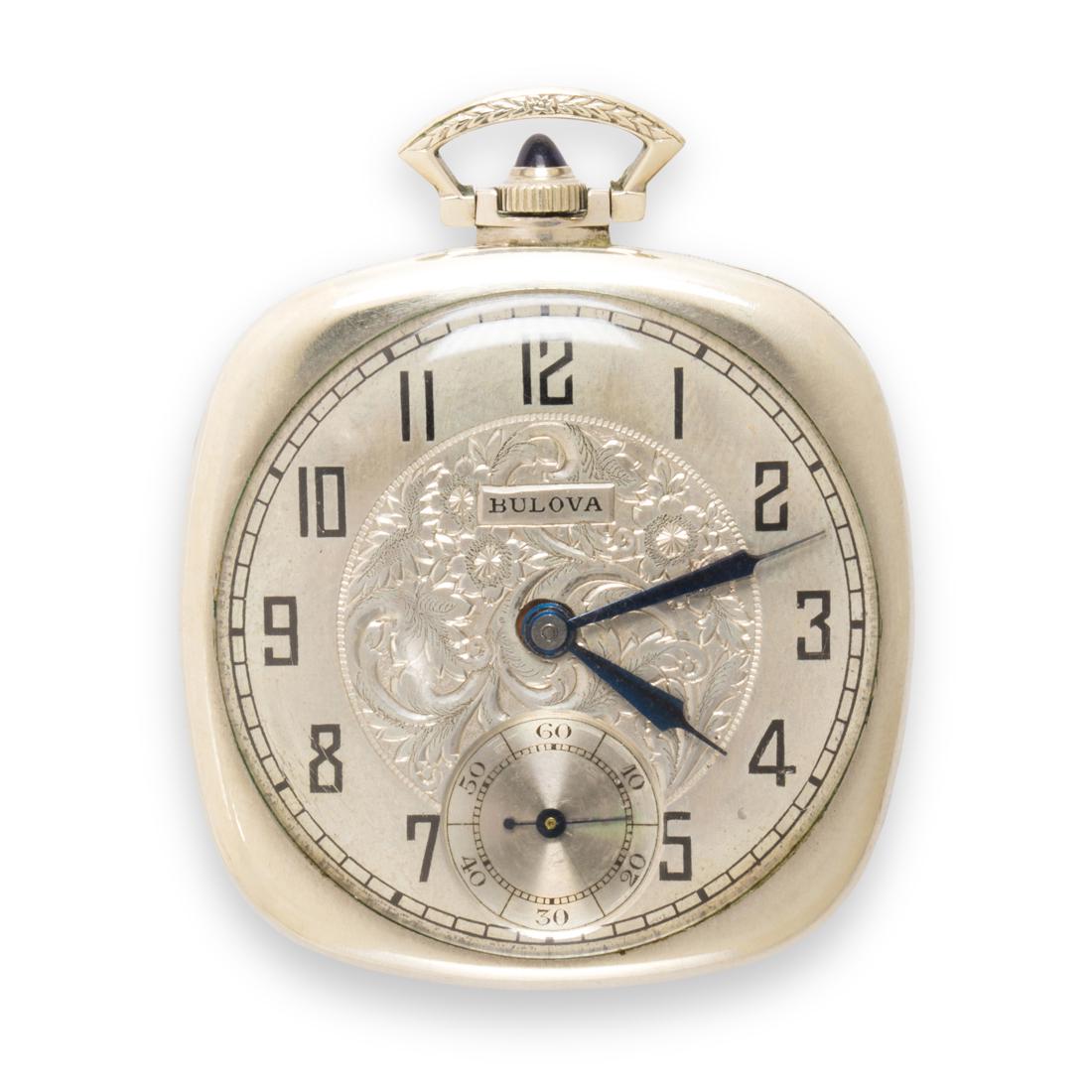 A group of yellow or white gold-filled pocket watches: A group of yellow or white gold-filled pocket watchesincluding a white gold-filled open face Bulova pocket watch; a gold-filled Illinois four-body pocket watch. 112.0 gross dwt