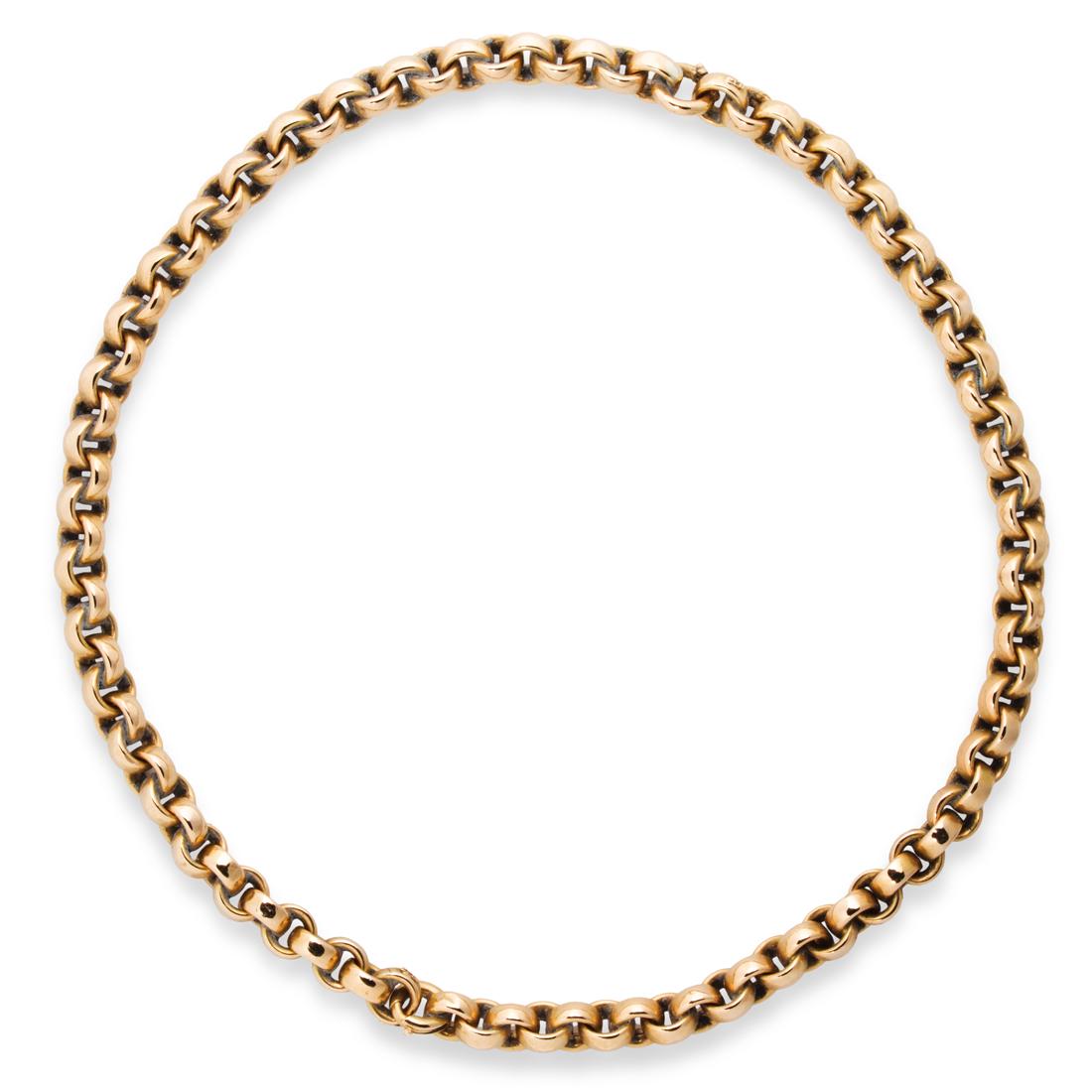 An eighteen karat gold necklace: An eighteen karat gold necklacedesigned as a convertible rolo link chain necklace or two link bracelets 21.9 dwt; 16 1/2in.