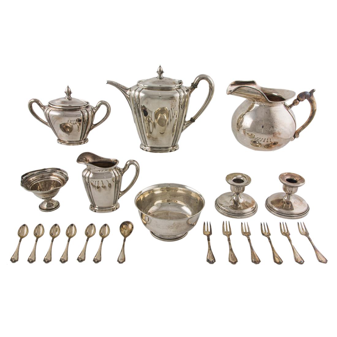 A (lot of 8) Sterling holloware items and a (13 pc) Danish Carl M Cohr silver flatware set (1 of 2)