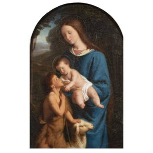 Painting, Friedrich Geselschap: Friedrich Geselschap (German, 1835-1898), Virgin Mary, Christ Child and St. John, 1866, oil on canvas, signed and dated lower right, sight: 14.5"h x 9.5"w, overall (with frame): 21"h x 15.75"w