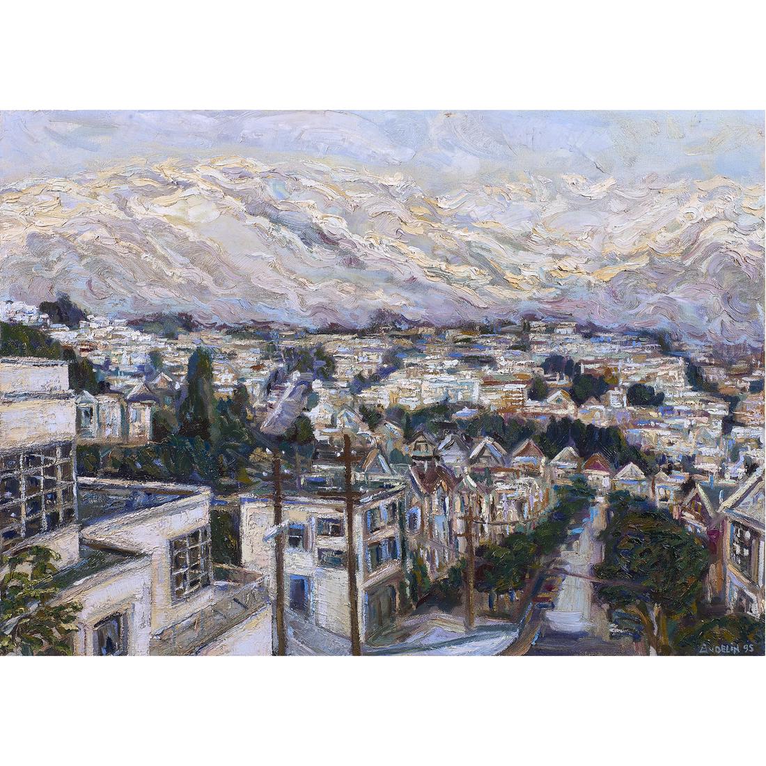 Painting, Leslie Andelin: Leslie Andelin (American, 20th century), "My Fog II," 1995, oil on canvas, signed lower right, signed and dated verso, gallery label (George Krevsky, San Francisco) affixed verso, canvas: 30"h x 36"w,