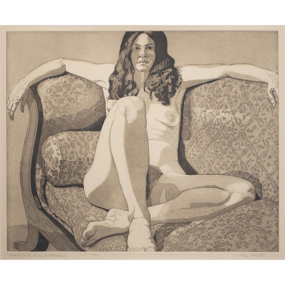 Print, Philip Pearlstein: Philip Pearlstein (American, 1924-2022), "Nude on Couch, Arms Outstretched," 1972, aquatint, pencil signed lower right, titled lower left, edition 13/50, sight: 19"h x 22.5"w, overall (with frame): 27