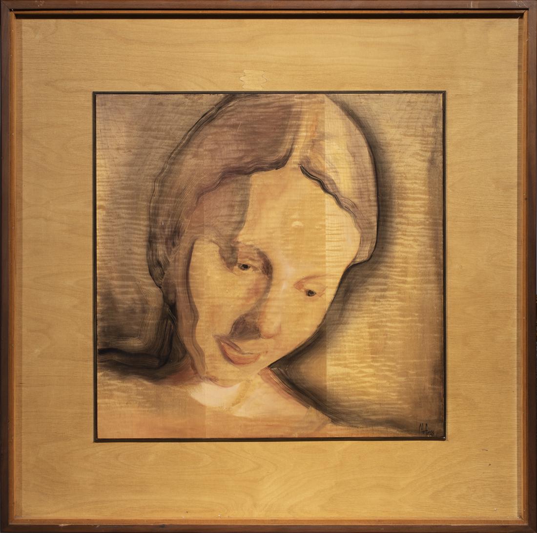 Painting, American School (20th century): American School (20th century), Portrait of a Woman, 1965, oil on wood panel, dated and initialed "ME" lower right, overall (with frame): 37"h x 37"w