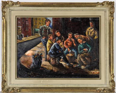 Painting, Philip Reisman: Philip Reisman (American, 1904-1992), Poker Players, 1949, oil on board, signed and dated lower right, overall (with frame): 16.5"h x 20.25"w