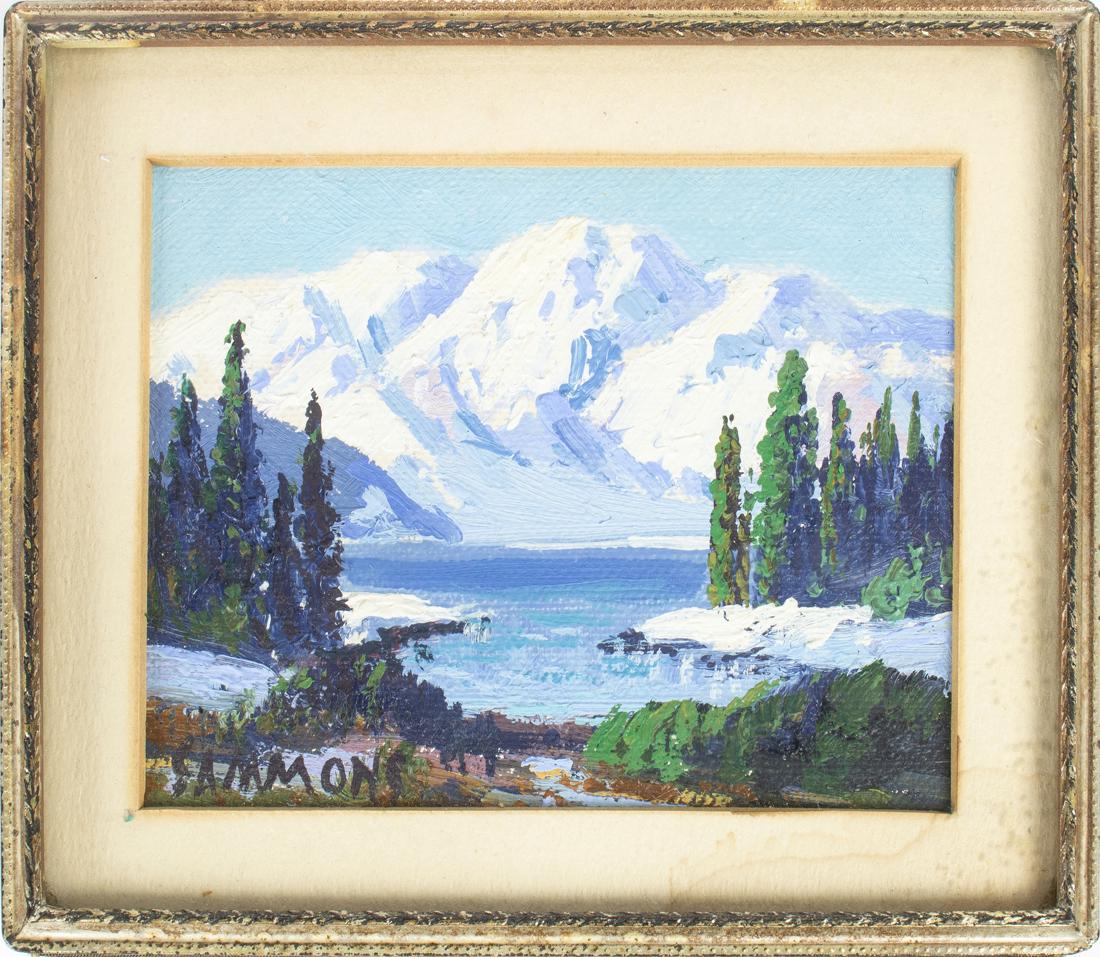 Painting, Carl Sammons: Carl Sammons (American, 1883-1968), California Mountain Lake, oil on canvas board, signed lower right, sight: 3"h x 4"w, overall (with frame): 4.25"h x 5.25"w
