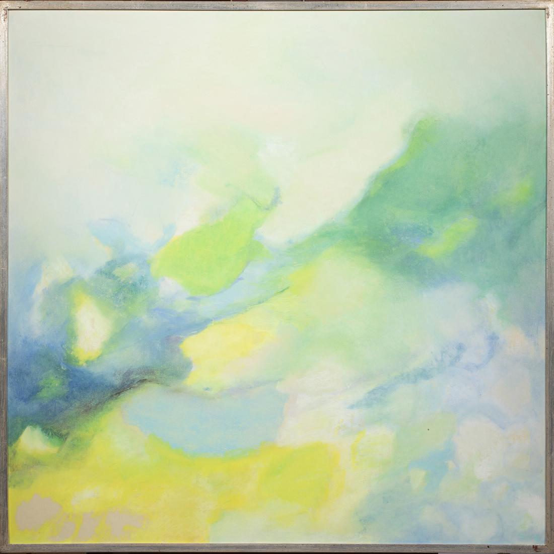 Painting, American School (20th century): American School (20th century), Green and Blue Abstraction, acrylic on board, monogrammed indistinctly lower right, overall (with frame): 33"h x 33"w