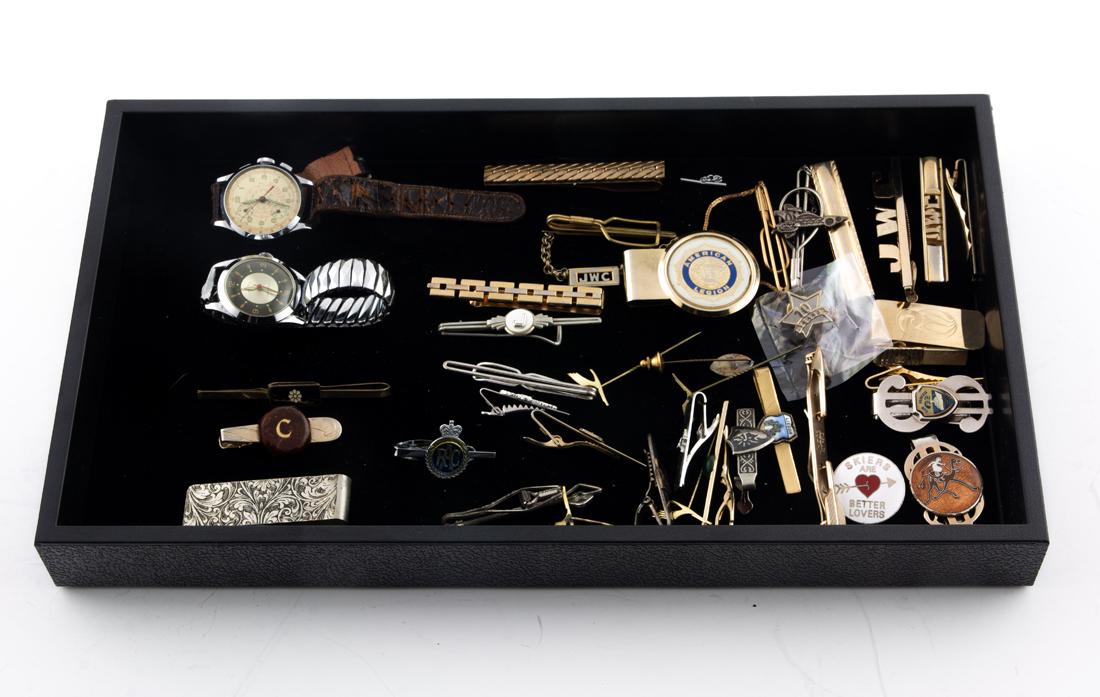 Two Swiss made mens wristwatches, one by Genova; together with a grouping of money clips (1 of 1)