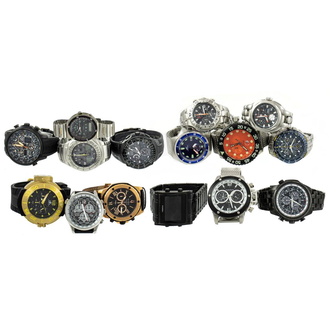 (lot of 15) Contemporary watch group: (lot of 15) Contemporary watch group, including Citizen, Ader Kaye, Bulova, Akribos, etc. most chronograph, with metal, mesh, and rubber bracelets