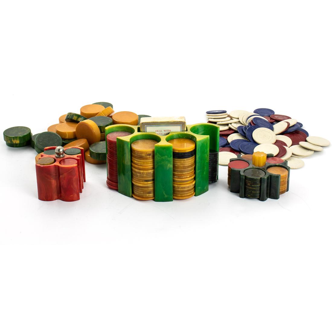 Group of Art Deco Bakelite poker chip caddies and set of marbleized checkers (1 of 1)