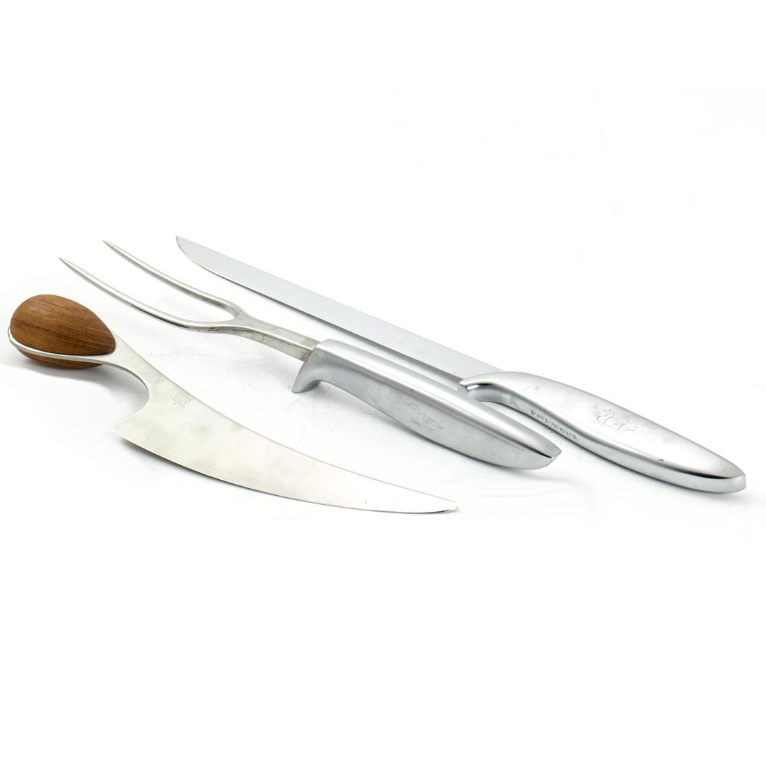 (Lot of 3) Dansk stainless steel citris knife designed by Vivianna Torun Bulow-Hube: (Lot of 3) Dansk stainless steel citris knife designed by Vivianna Torun Bulow-Hube, together with Gerber 'Balmung' carving knife and 'Ron' fork, greatest 14.25"l