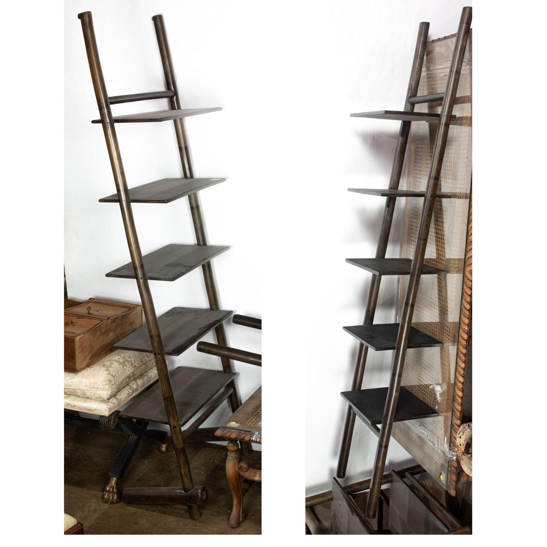 (Lot of 3) Contemporary leaning bookshelves and a ladder: (Lot of 3) Contemporary leaning bookshelves and a ladder, 79"h