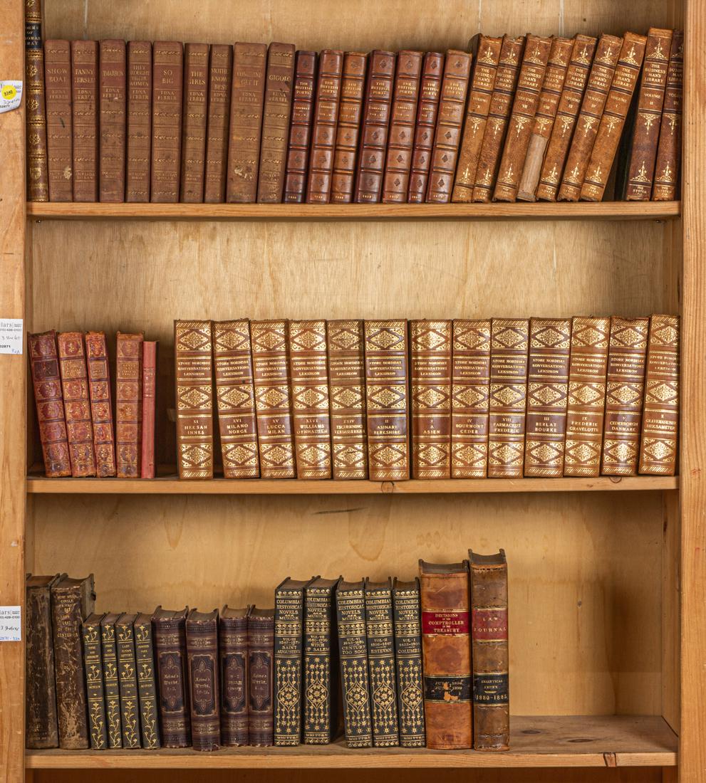 Three shelves of vintage leather and cloth bound books including partial sets: Three shelves of vintage leather and cloth bound books including partial sets (7 vol) The British Poets, London, John Murray, 1819; (13 vol) Store Nordiske Konversations Lekisikon, 1918; (5 vol) Colum