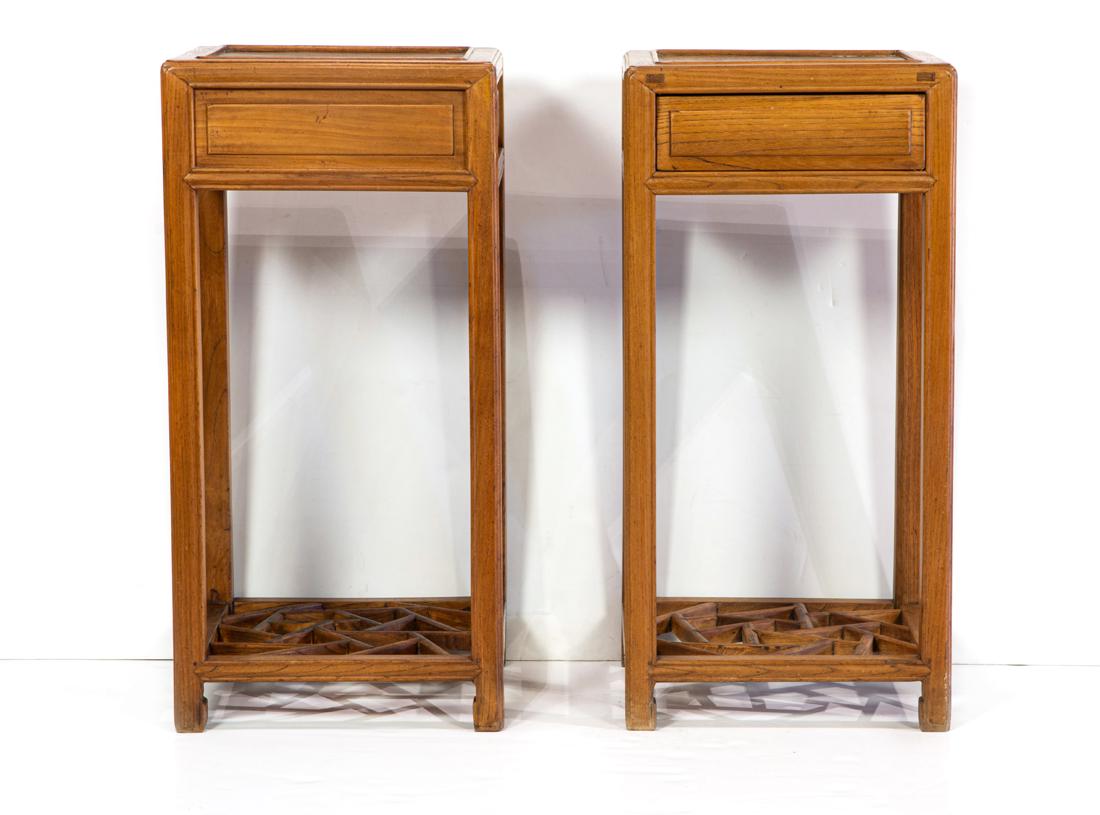 Pair of Chinese square form elm stands with drawers (1 of 1)