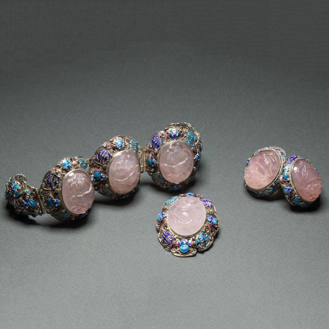 (lot of 4) Chinese enameled rose quartz jewelry suite (1 of 4)