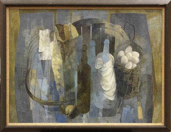 Painting, Stanley Mitruk, Birdcage: Framed oil on canvas, ''Birdcage and Basket of Eggs,'' 1954, by Stanley Mitruk (American, 1922-2006), signed and dated ''S. Mitruk 1954'' upper right, artist's studio label verso, canvas: 30''h x 40''