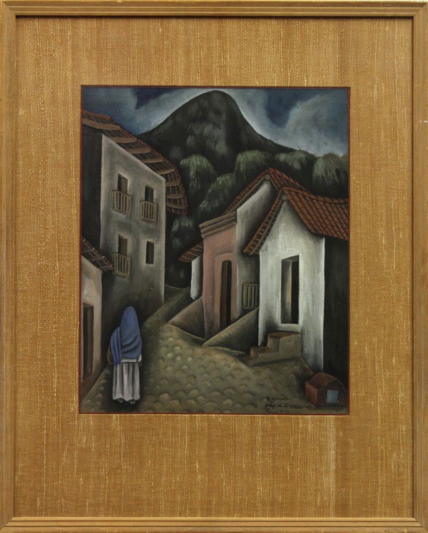 Painting, Delfino Garcia,: Framed gouache on paper, Taxco View, 1940, by Delfino Garcia (Mexican, b. 1917), signed, dated, and inscribed lower right, sight: 18''h x 14.5''w, overall: 28''h x 23''w
