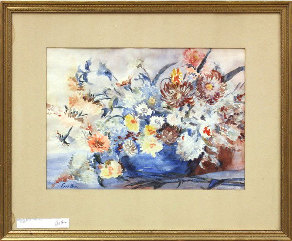 Painting, Jacob Epstein, Chrysanthemum: Framed watercolor on paper, Chrysanthemums, by Sir Jacob Epstein (British, 1880-1959), signed ''Epstein'' lower left, sight: 13''h x 18.5''w, overall: 22.5''h x 27.5''w
