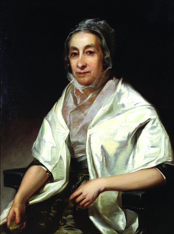 Painting, Thomas Sully, Mrs. Hannah Saunders: Framed oil on canvas, "Portrait of Mrs. Saunders Lewis (Hannah Saunders Lewis)," 1814, by Thomas Sully (American, 1783-1872), signed and dated verso, canvas: 36"h x 29"w, overall: 45.25"h x 36.5"w. Ca