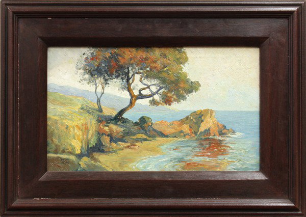 Painting, James Meyer Korn: Framed oil on canvas, ''Coastal Reflections,'' 1927, by James Meyer Korn (Californian, 1873-1961), signed and dated ''James Korn, L.A., 1927'' lower left, canvas: 12''h x 20''w