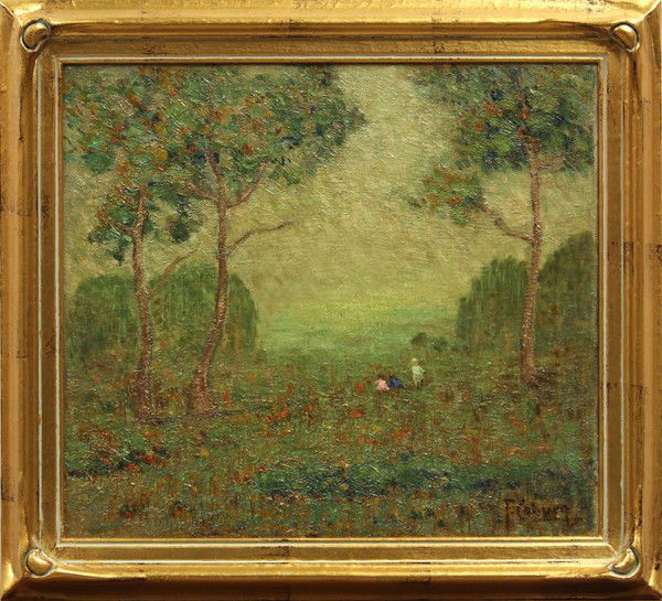 Painting, Frank Coburn, Poppies: Framed oil on canvas board, Children in a Field of Poppies, by Frank Coburn (Californian, 1862-1938), signed ''F. Coburn'' lower right, board: 16''h x 18''w, overall: 19.5''h x 21.75''w