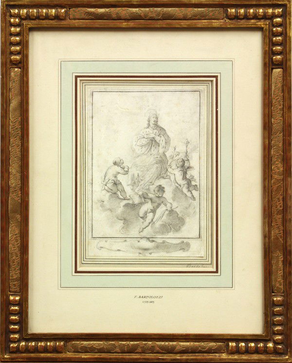 Drawing, Francesco Bartolozzi, Ascension: Framed pencil drawing, Ascension, by Francesco Bartolozzi (Italian, 1725-1815), signed ''Bartolozzi'' lower right, sight: 9''h x 6.125''w, overall: 19.5''h x 15.5''w