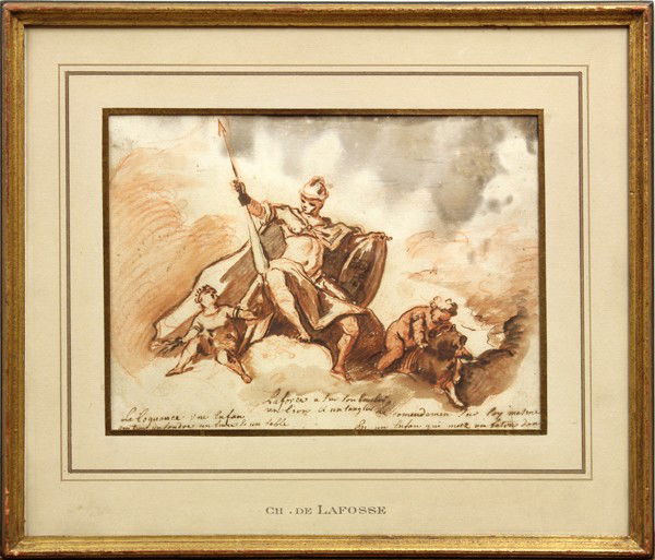 Watercolor, Manner of Charles de La Fosse, French: Framed red chalk and watercolor, ''Laforce...,'' European School, in the manner of Charles de La Fosse (French, 1636-1716), unsigned, sight: 6.75''h x 9''w, overall: 11.75''h x 13.5''w
